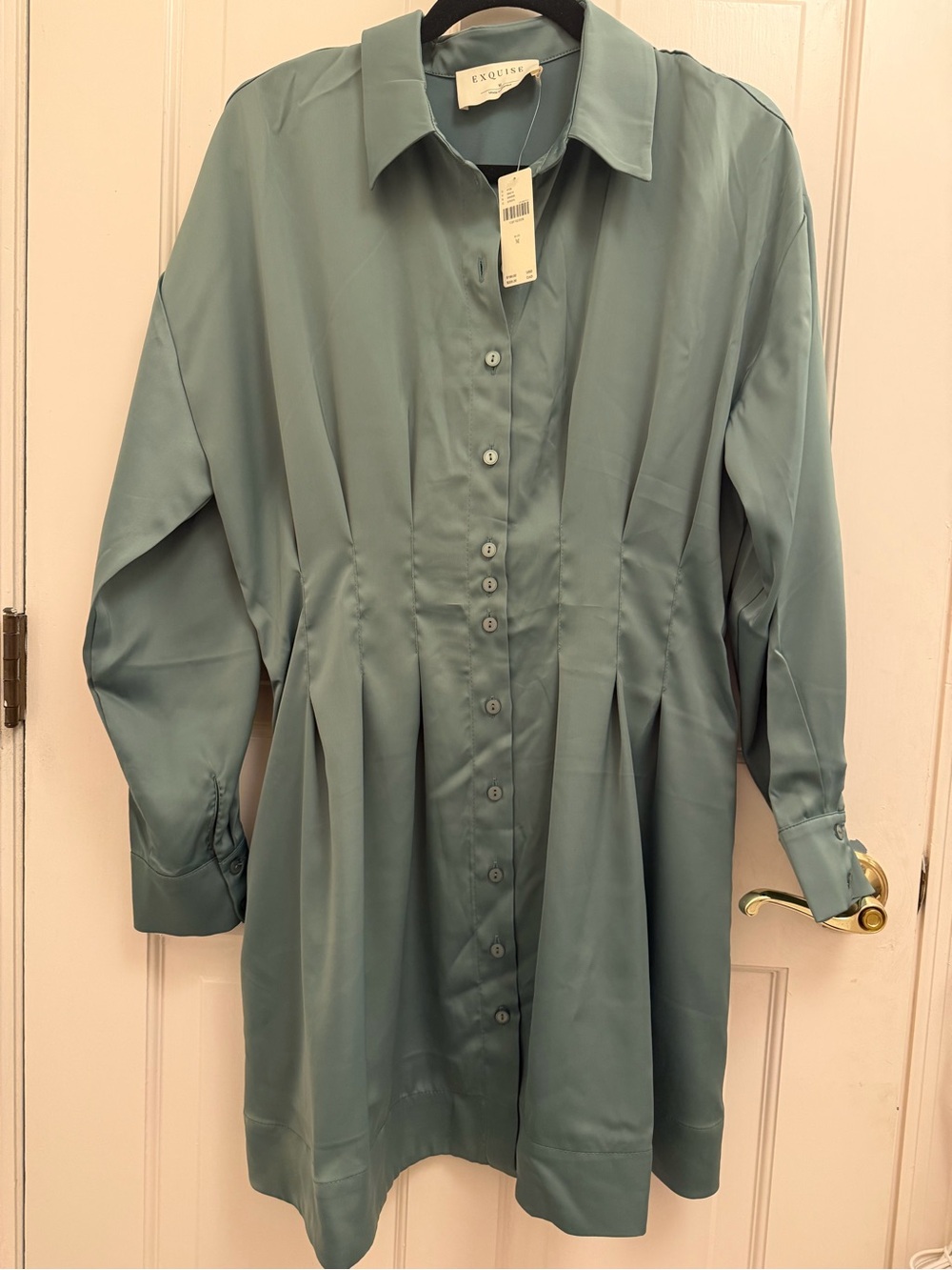 Anthropologie The Tobie Long Sleeve Satin Mini Shirt Dress by Exquise in sage - Picture 4 of 5